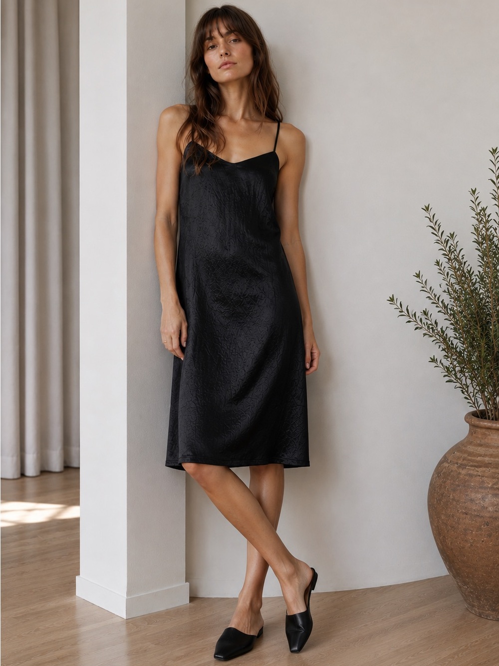 Jenni Kayne Black Satin Slip Dress with Spaghetti Straps